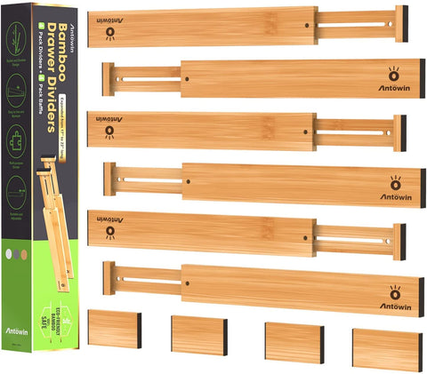 ANTOWIN bamboo drawer dividers extended to 17-22 inches for versatile organization.