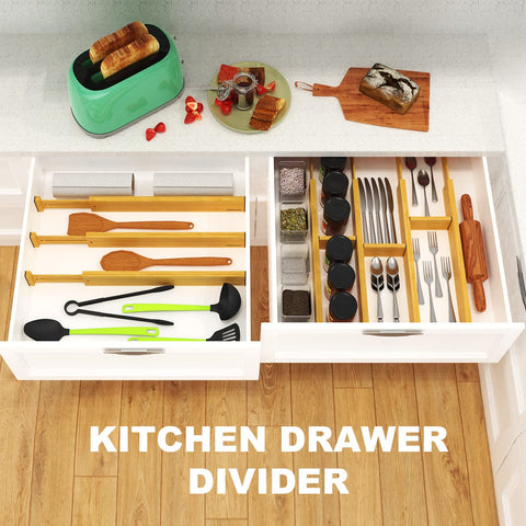ANTOWIN bamboo dividers in kitchen organization keeping utensils orderly.