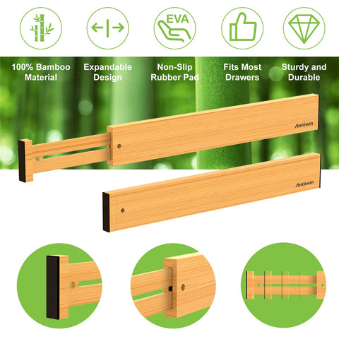 ANTOWIN bamboo drawer dividers with small segments for compact items.
