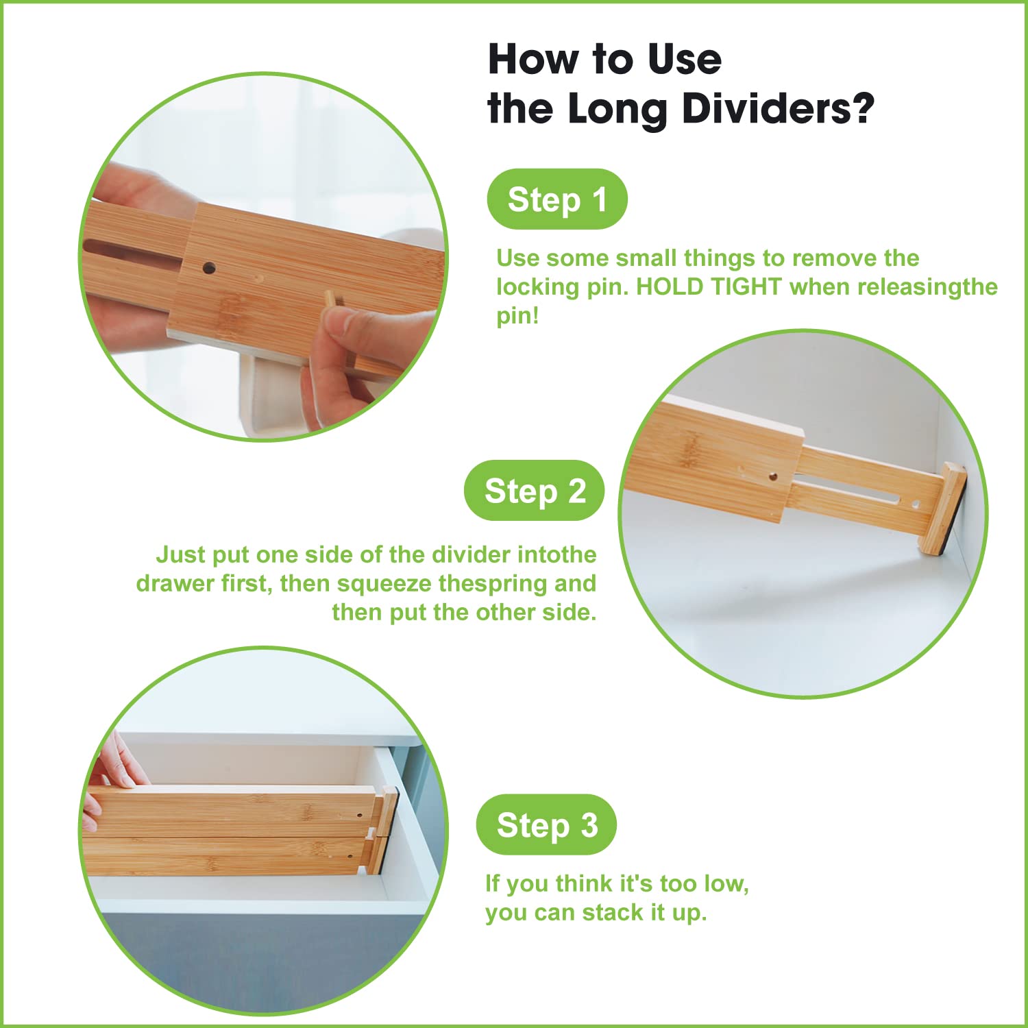 ANTOWIN bamboo dividers spring-loaded for quick, stable adjustments.
