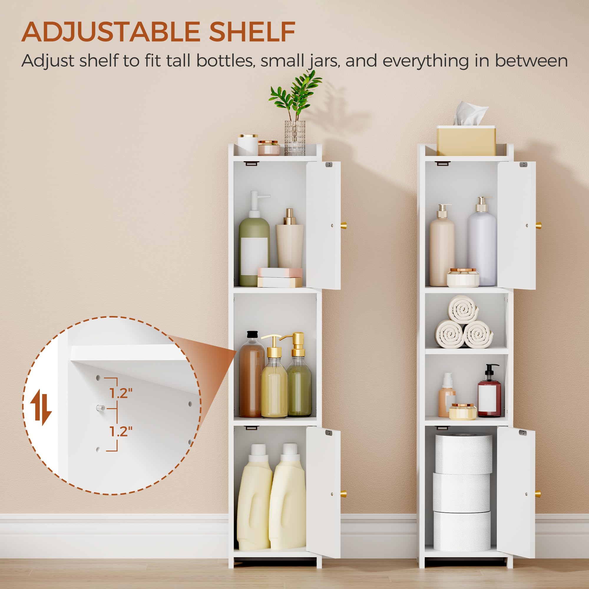 ANWBROAD slim corner cabinet adjustable shelf adapts to tall items.