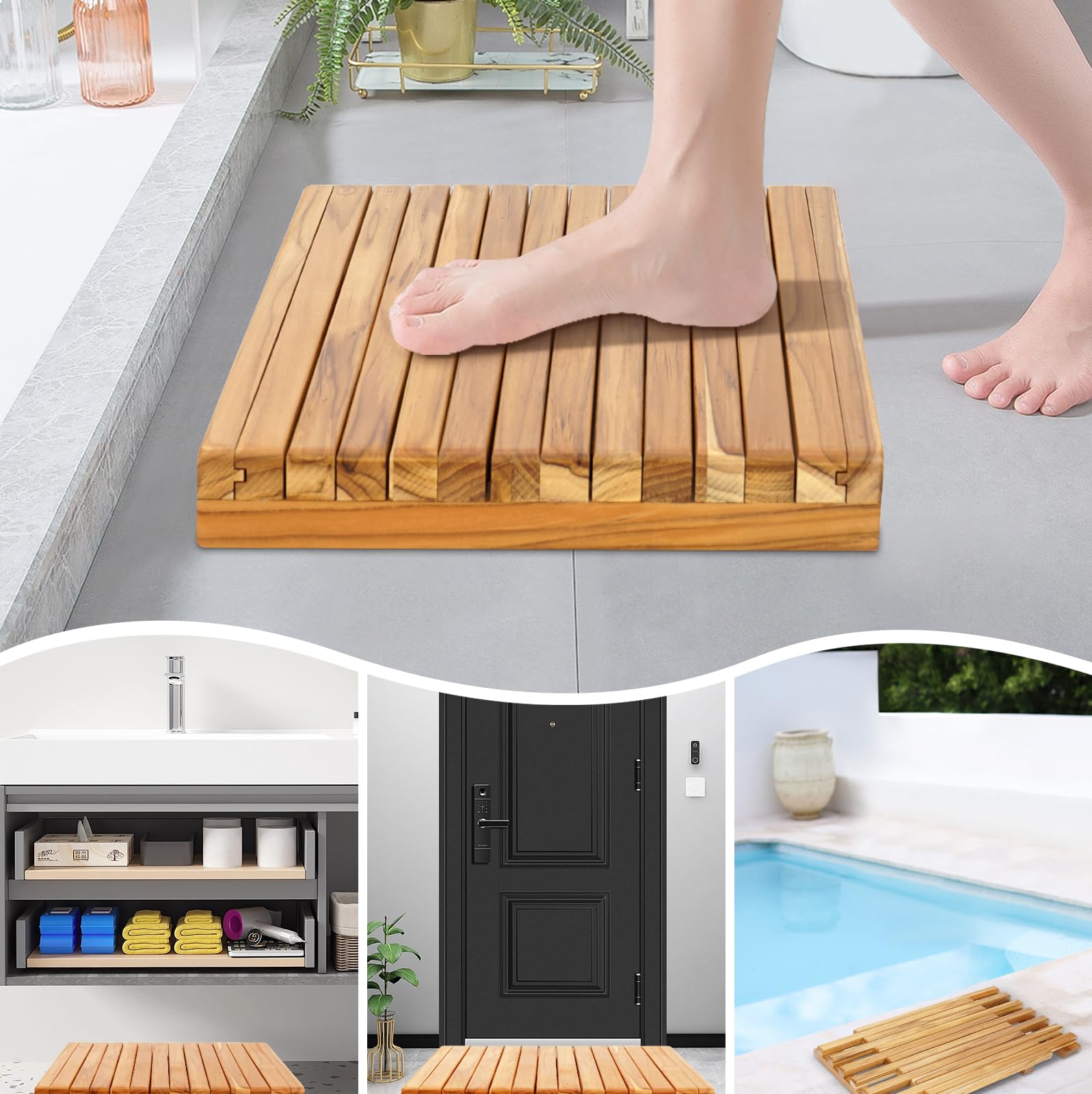 Anyprime Teak Shower Mat suitable for sauna and poolside use