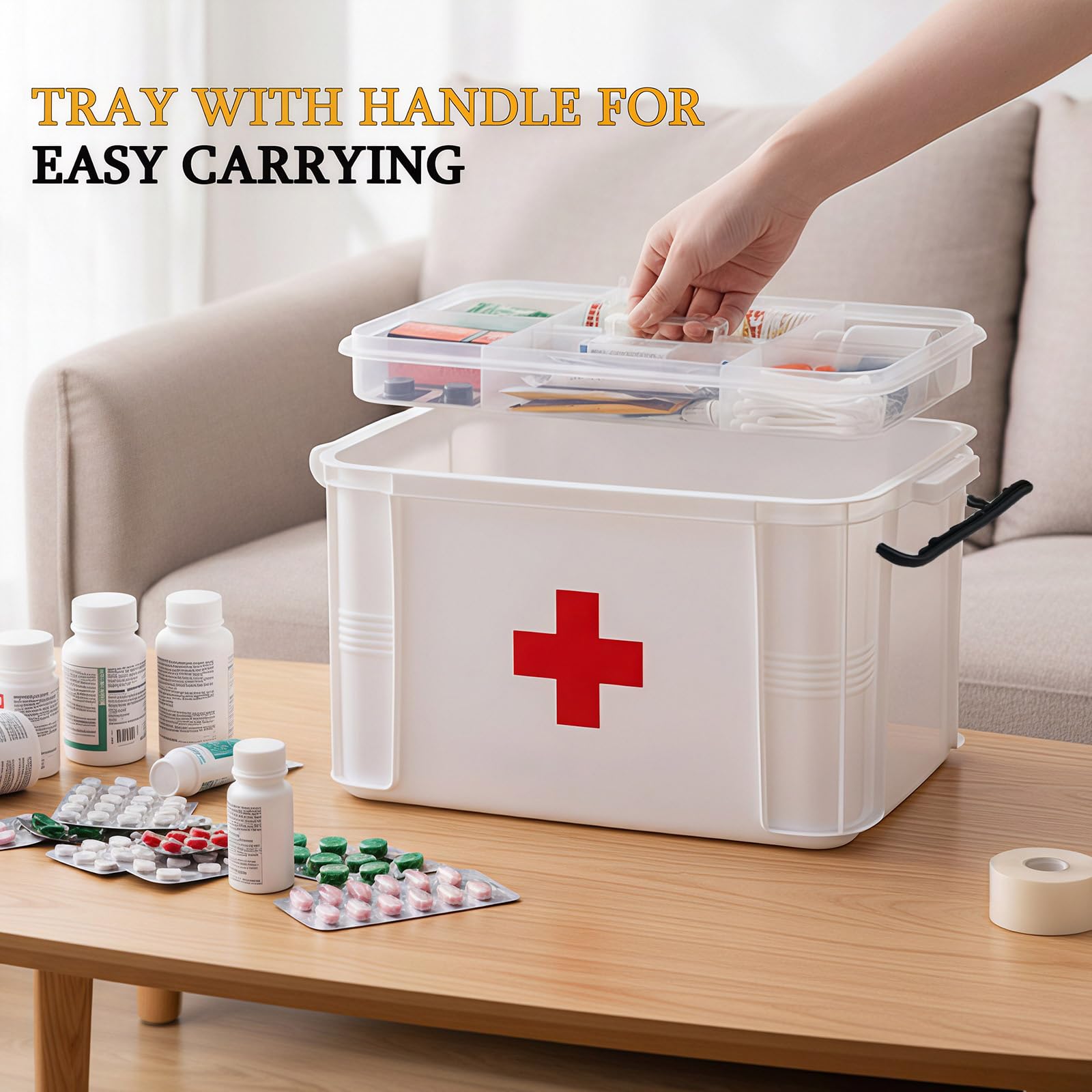 Clear multipurpose box fits bottles, vials, and medical supplies for home or office.