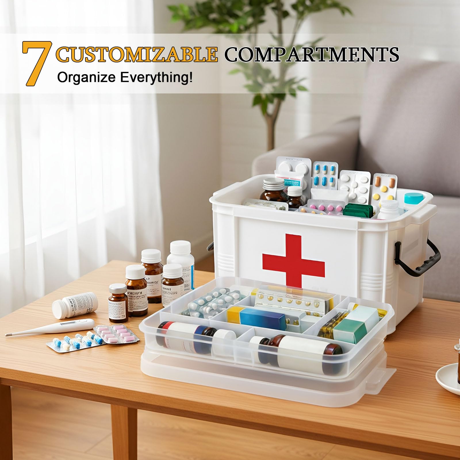 Portable first aid box with clasp prevents items from spilling during transport.