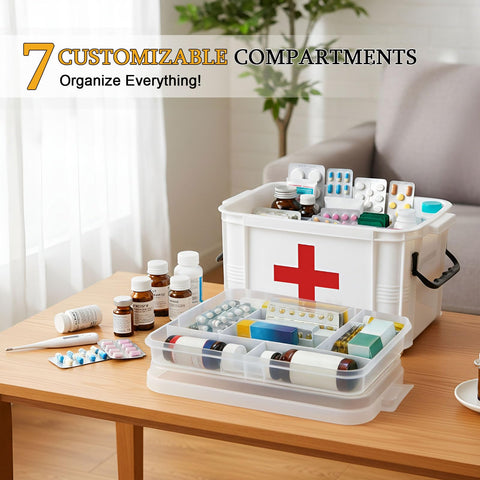 Portable first aid box with clasp prevents items from spilling during transport.