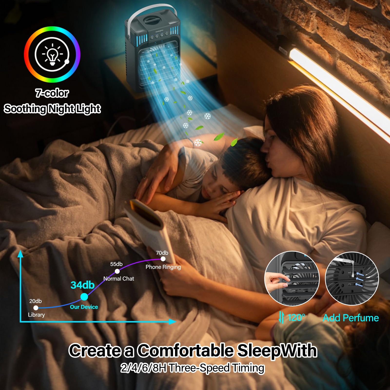 Anyrap bedroom setup with cooling and 7-color night light on a nightstand.