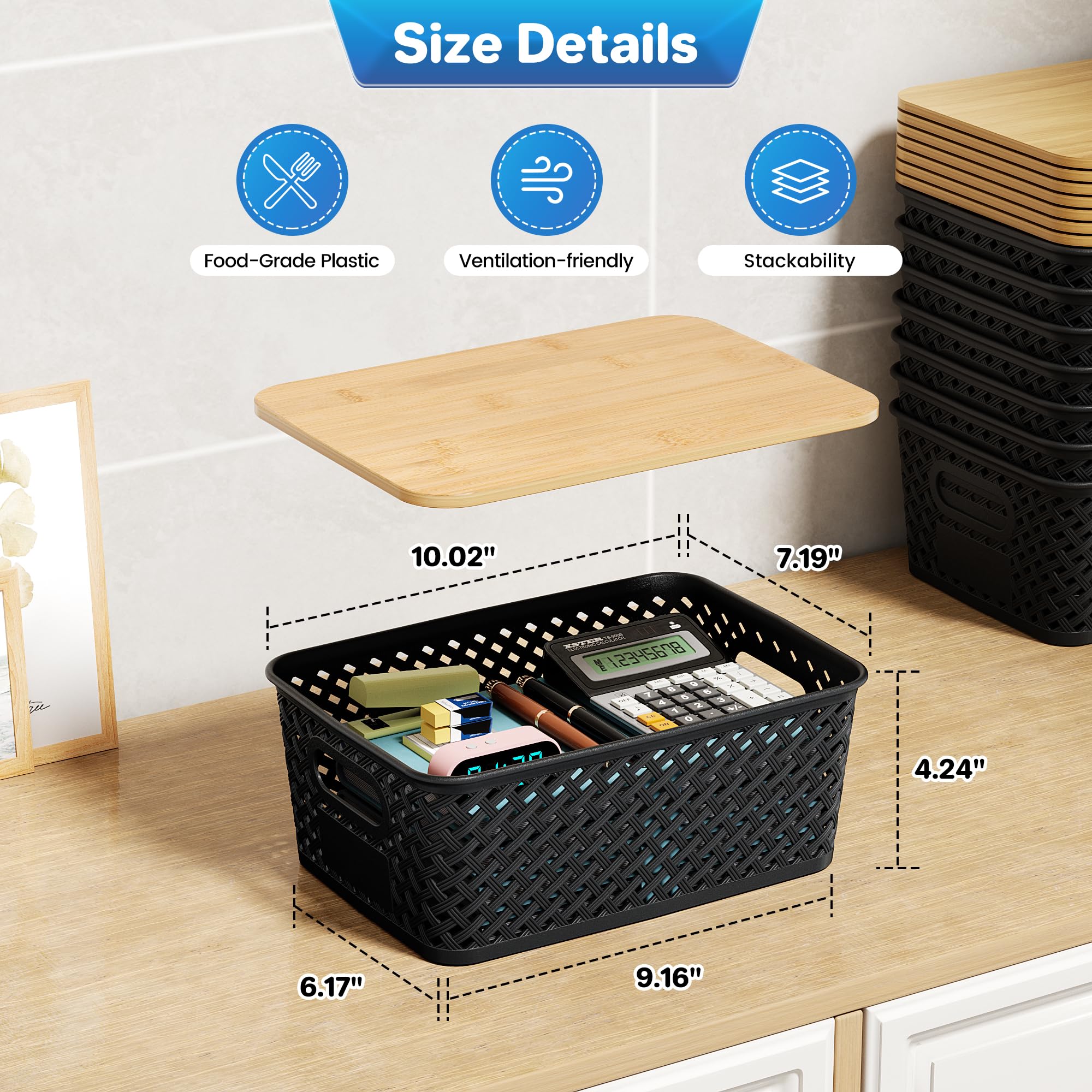 Anysig bamboo-lidded bin with handles for easy shelf removal and transport