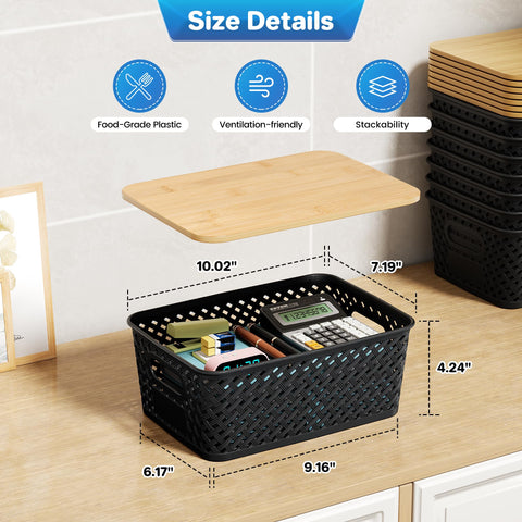Anysig bamboo-lidded bin with handles for easy shelf removal and transport