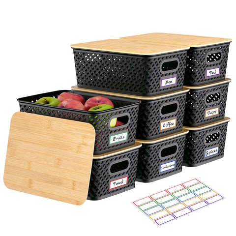 Anysig bamboo-lidded storage bin top view keeps small items organized on shelves