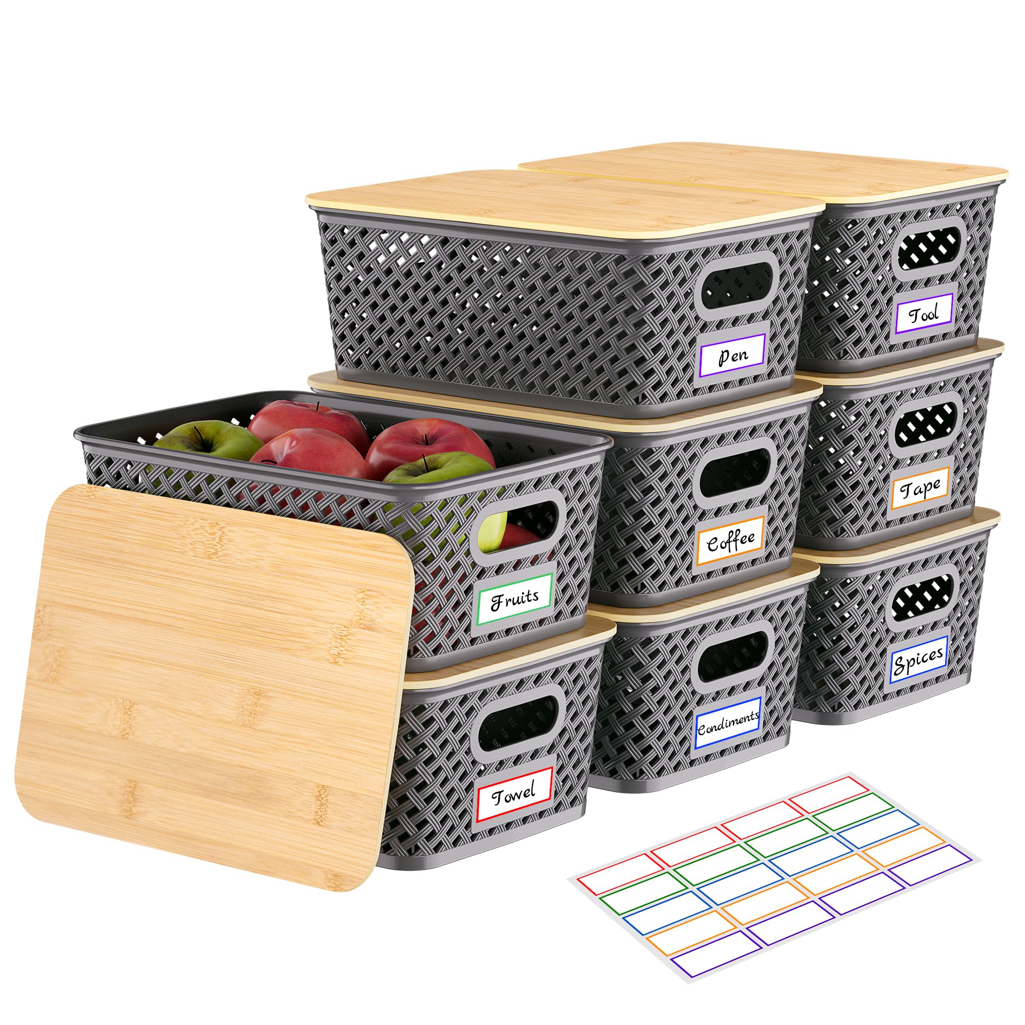 Anysig 8-pack storage bin with bamboo lid for durable shelf organization