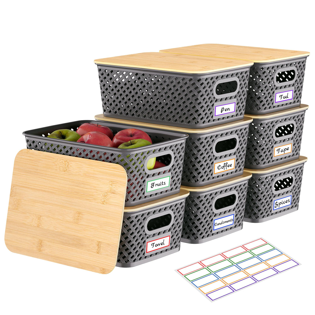 Anysig 8-pack storage bin with bamboo lid for durable shelf organization