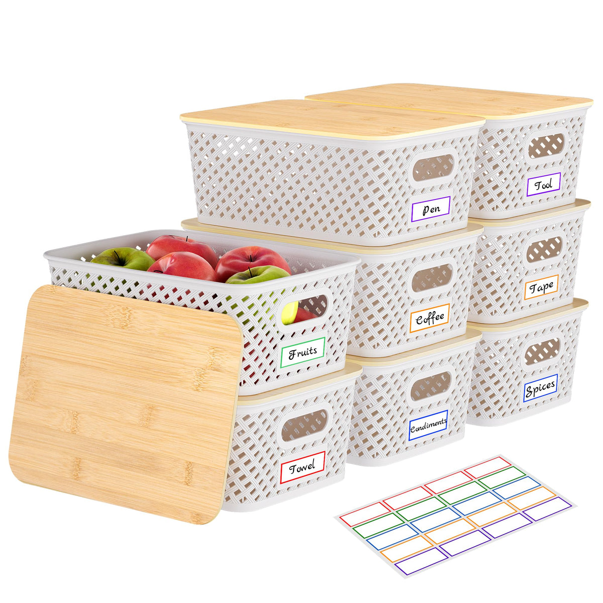 Anysig 8-pack plastic storage bins with bamboo lids stacked neatly for pantry organization.