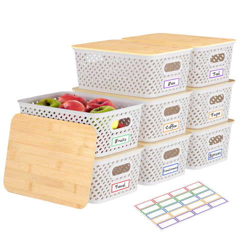 Anysig 8-pack plastic storage bins with bamboo lids stacked neatly for pantry organization.
