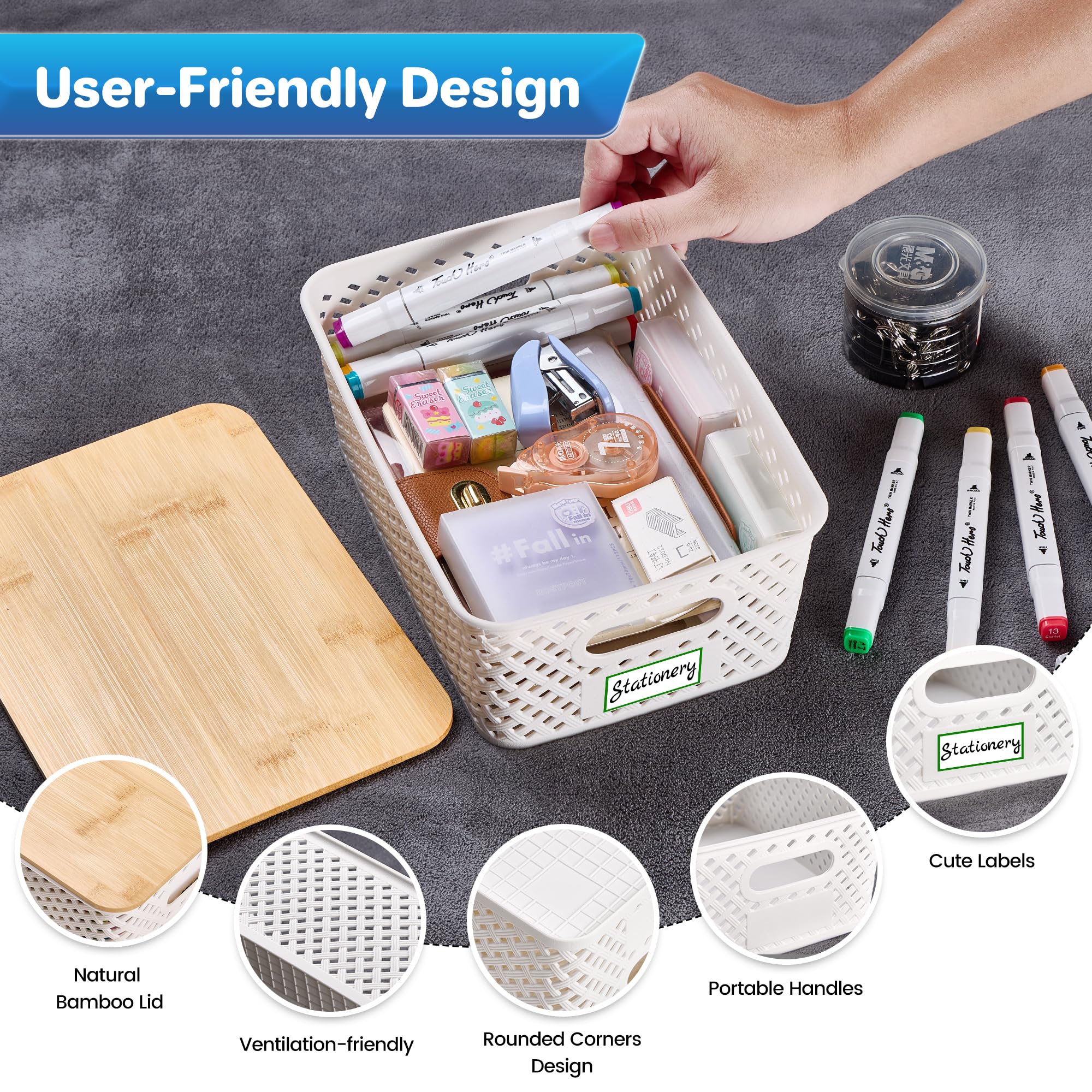 Anysig bins with side handles for easy retrieval from shelves.