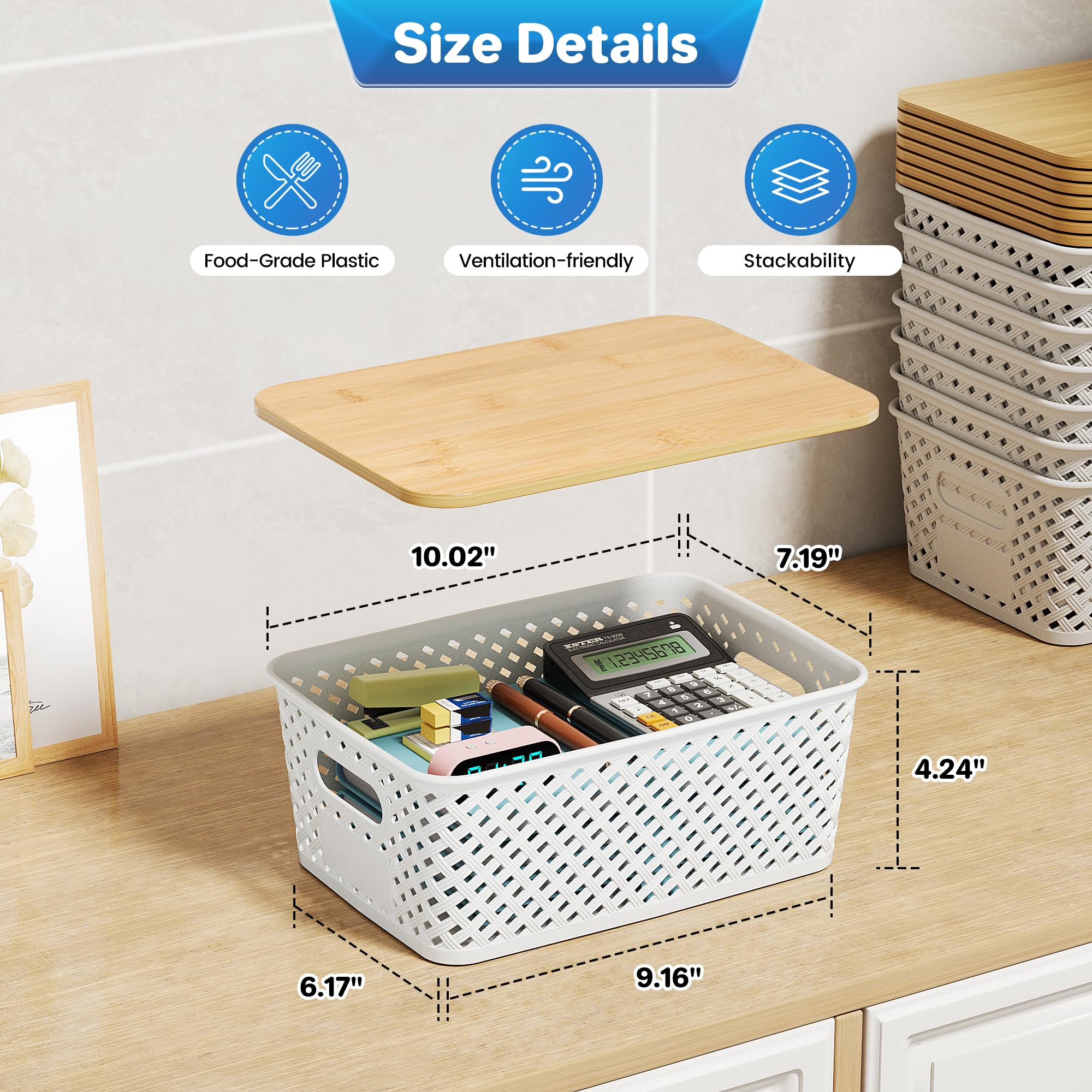 Anysig storage bins showcase ventilated design with natural bamboo lids for dust protection.