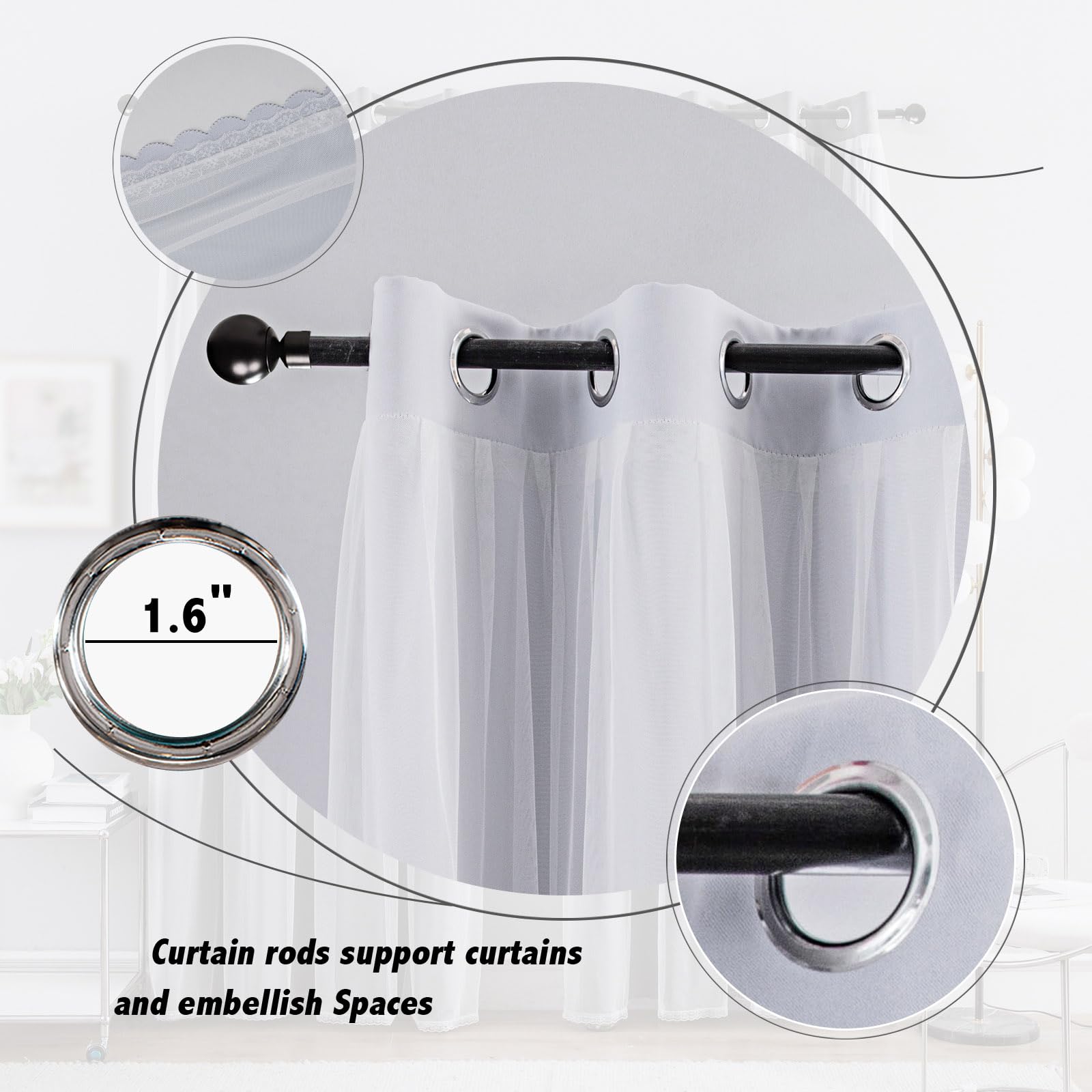 Anytime Curtains grommet top 1.6 inch interior for easy hanging.