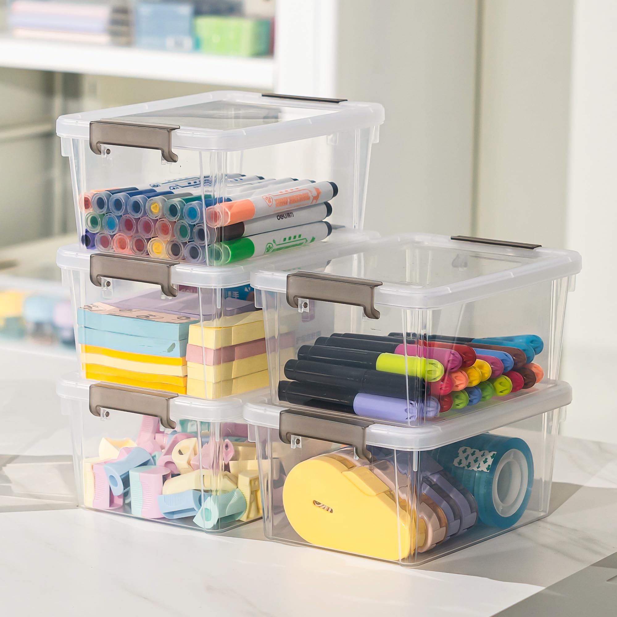Anywish storage bin with ergonomic latches, secure snap lid for mess-free storage.