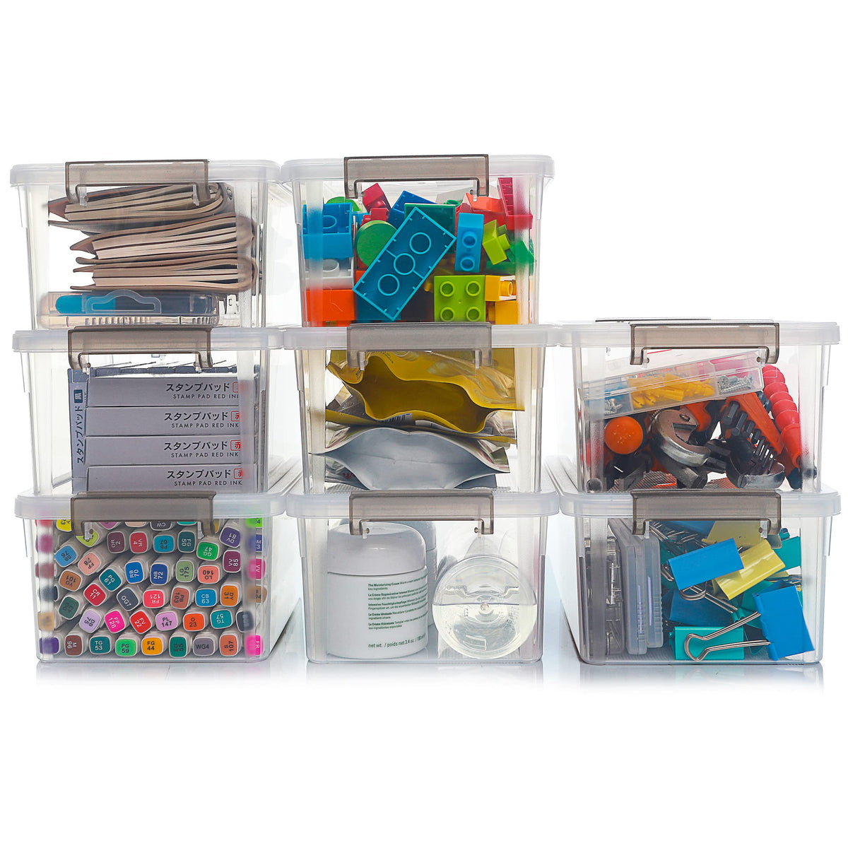 Anywish small storage bin with lid, front view, stackable design for pantry organization.