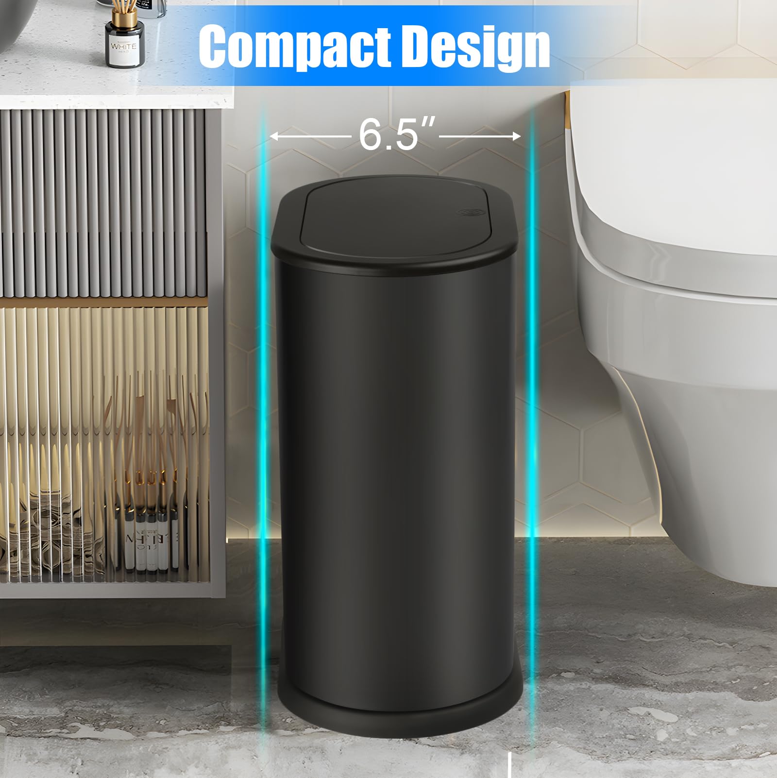 Anzoymx slim trash can fits into a narrow space in the bathroom or office