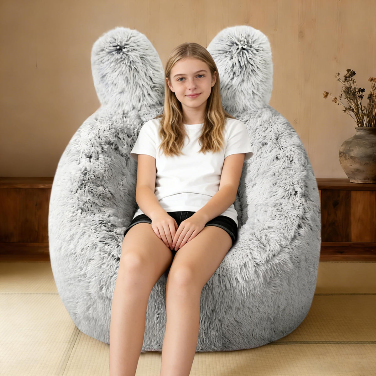 Aodenge fluffy bean bag chair for kids with bunny ears design, perfect for cozy playtime