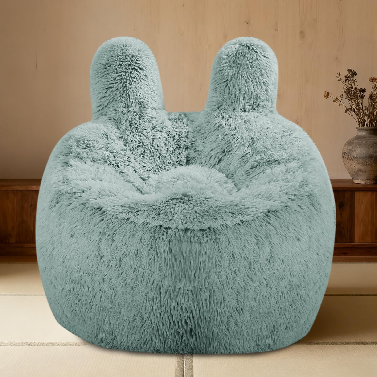 Aodenge fluffy bean bag chair for kids in green with plush cover, cozy seating for playtime