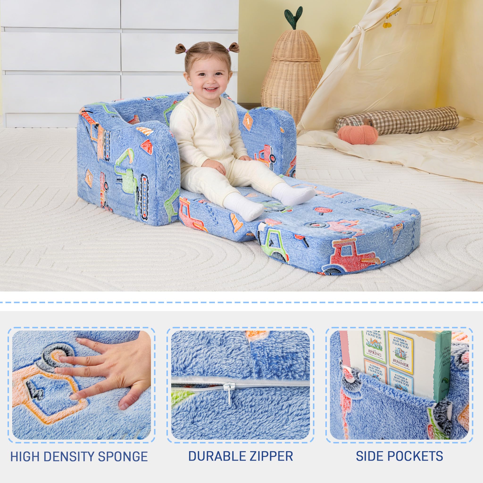 Aodisman Thick Comfy Toddler Chair sofa-bed demonstrates versatile 2-in-1 lounging.