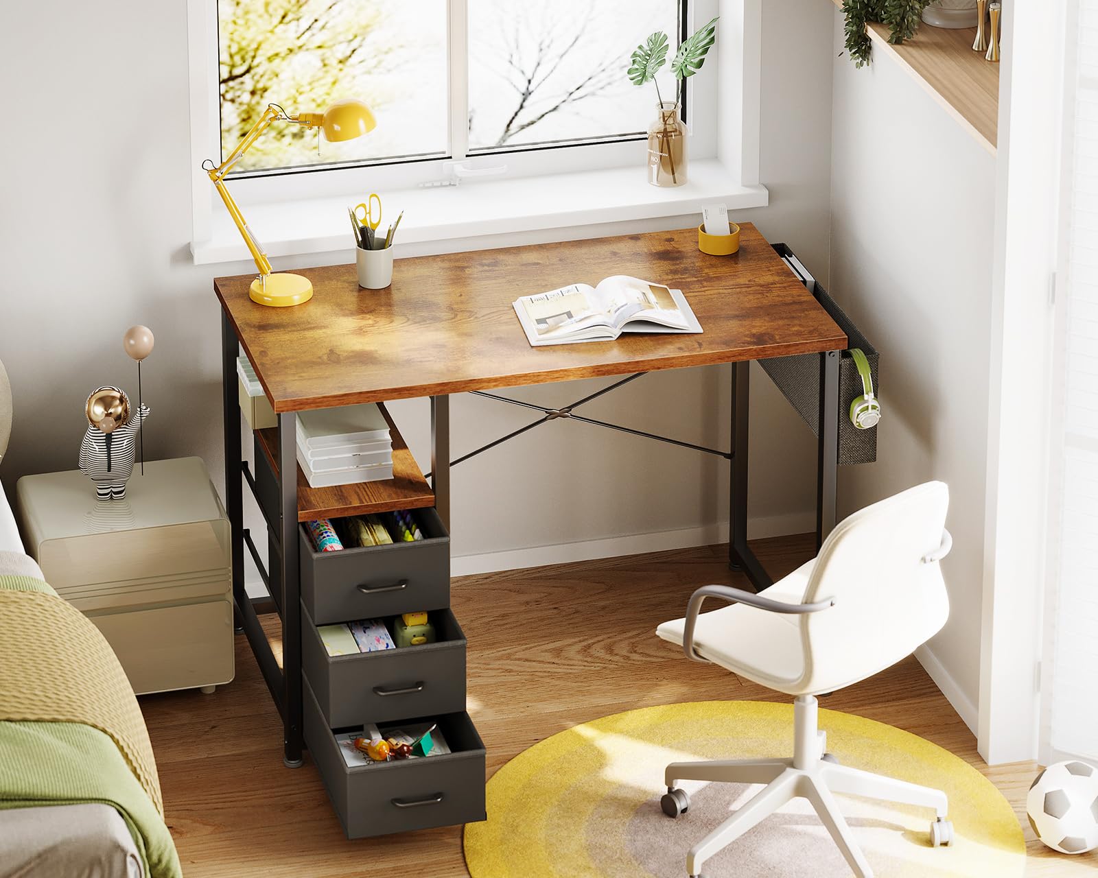 AODK desk fabric drawers close-up showing cloth storage bags for dust-free organization