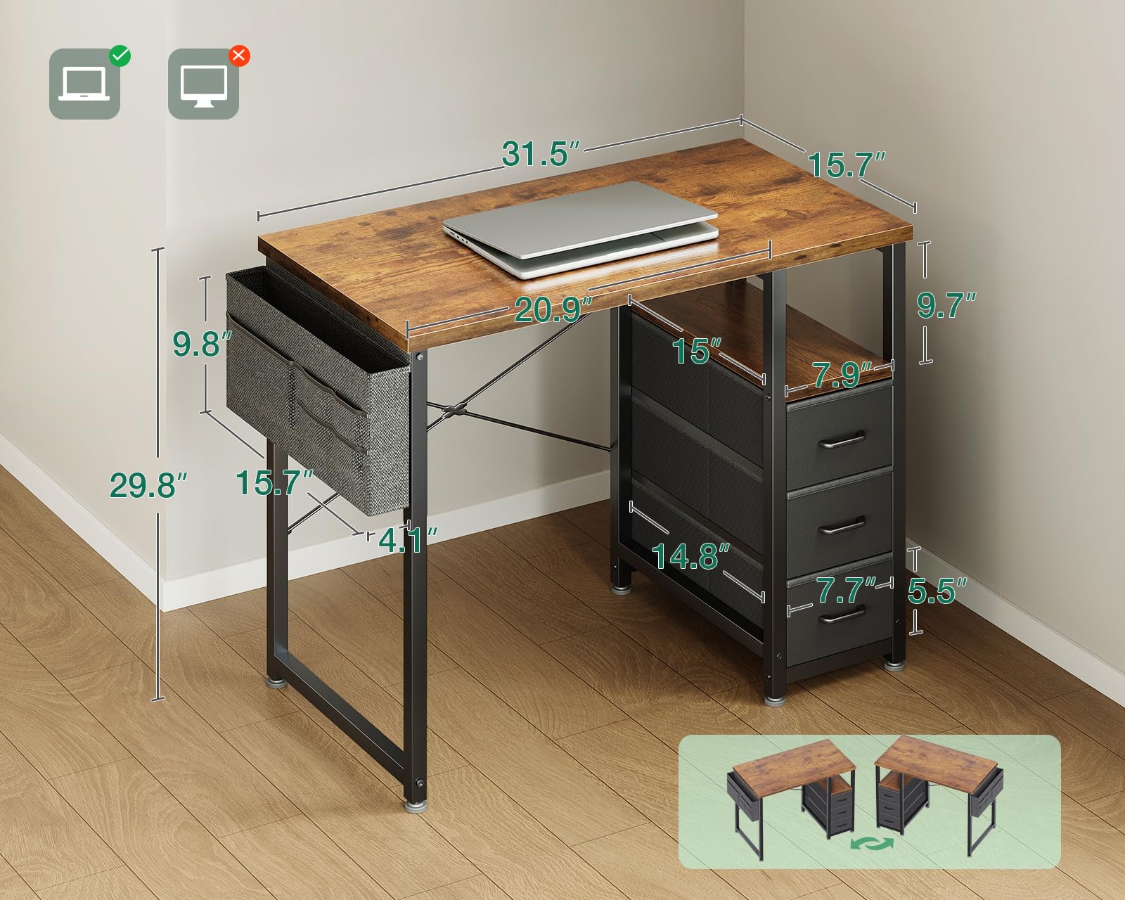 AODK desk with reversible drawer on left to fit room layout