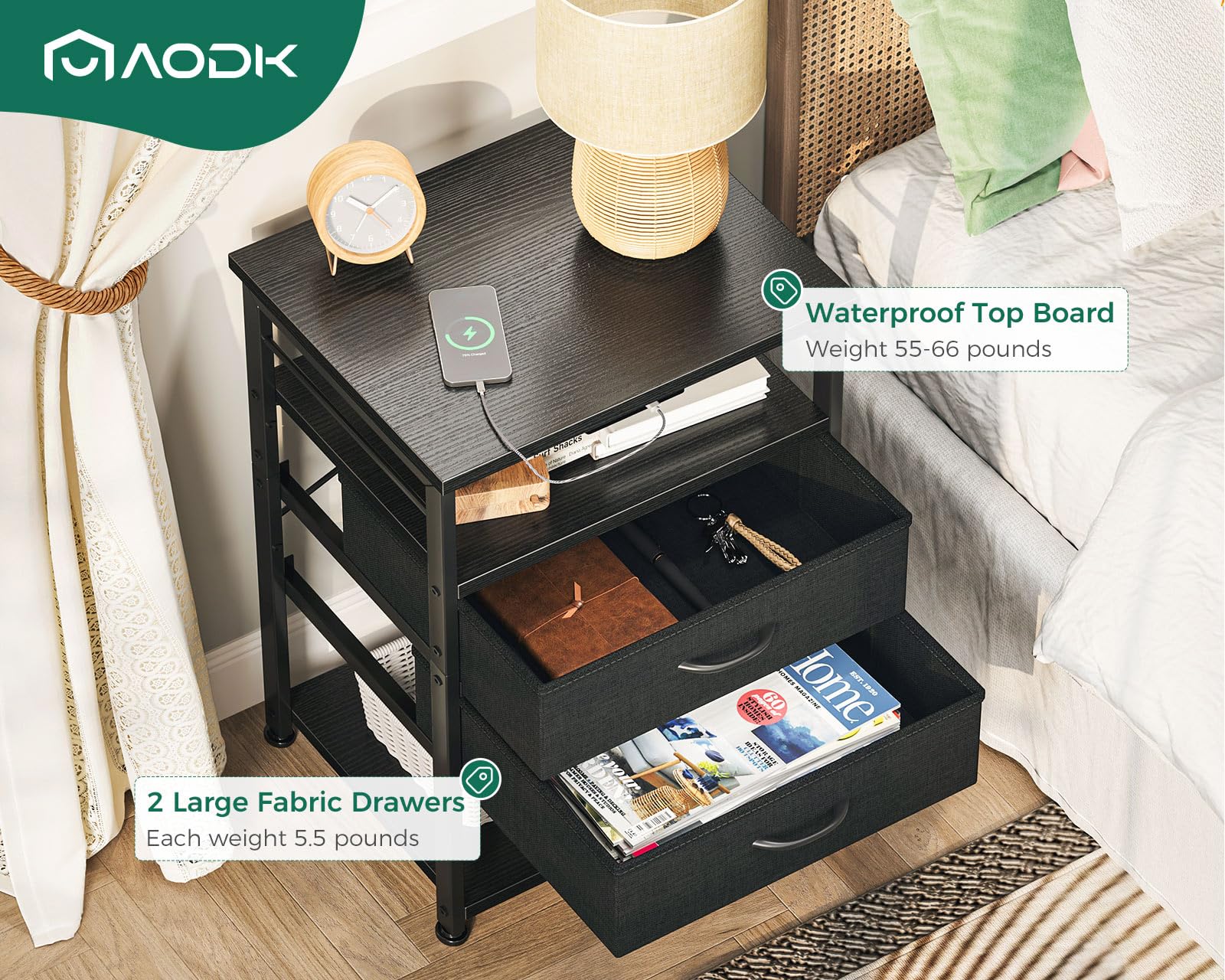 AODK nightstand with AC outlet and USB ports for convenient charging at night.
