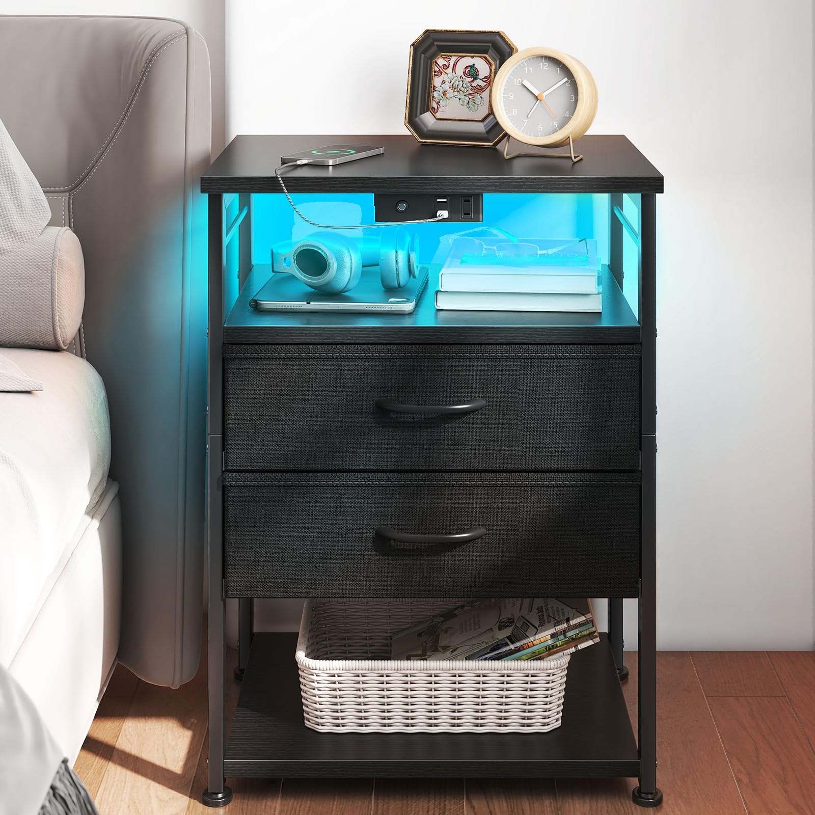 AODK nightstand with charging station and LED strip for easy bedside charging.
