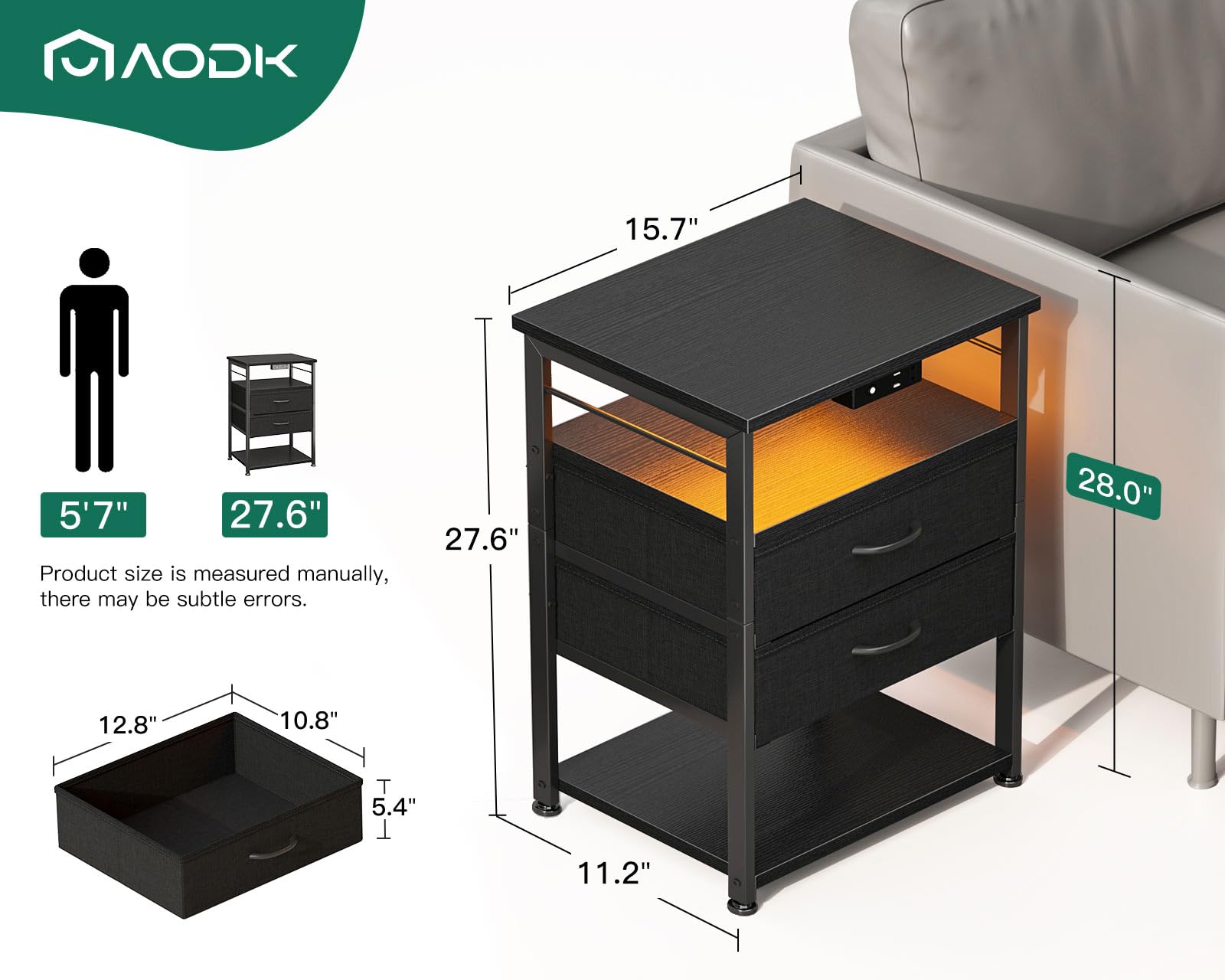 AODK nightstand open shelves for books and a lamp within reach.