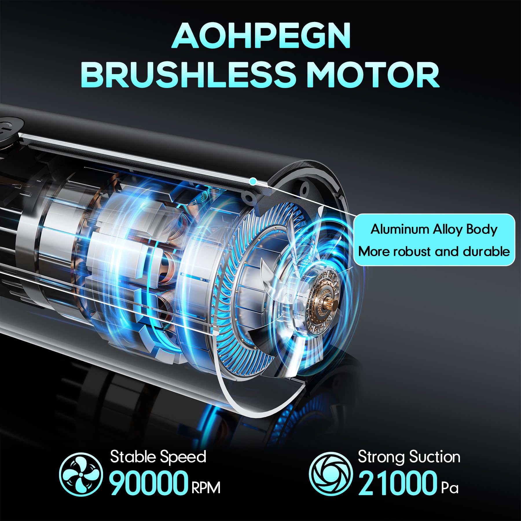 AOHPEGN handheld vacuum delivers 21000Pa suction for dirt and dust.