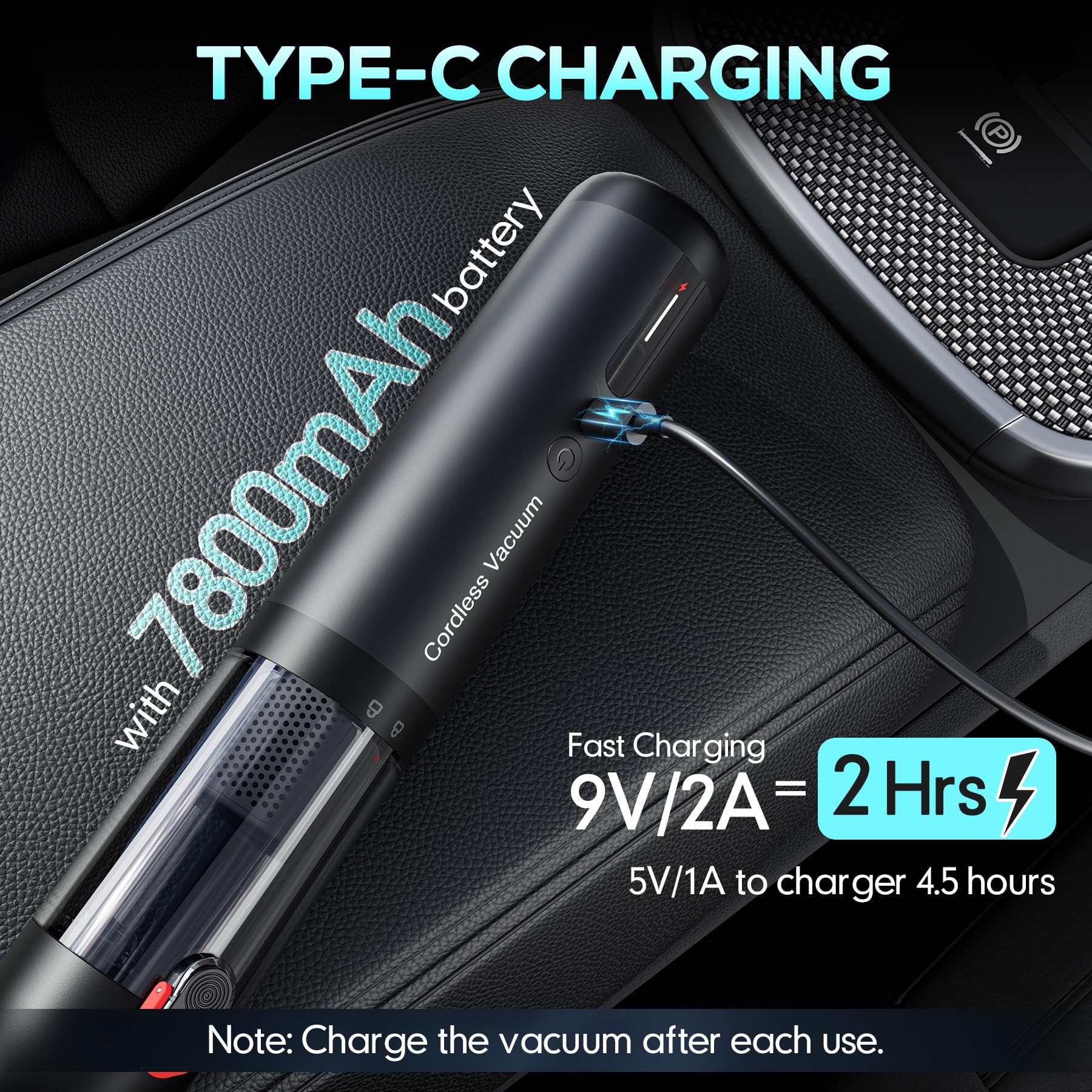 AOHPEGN handheld vacuum Type-C fast charging for quick uptime.