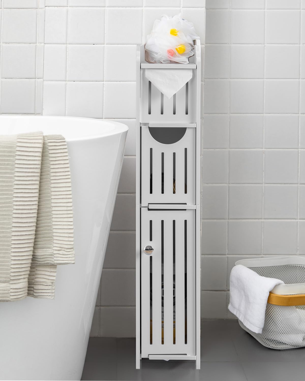 AOJEZOR slim bathroom storage cabinet keeps small spaces organized and tidy.
