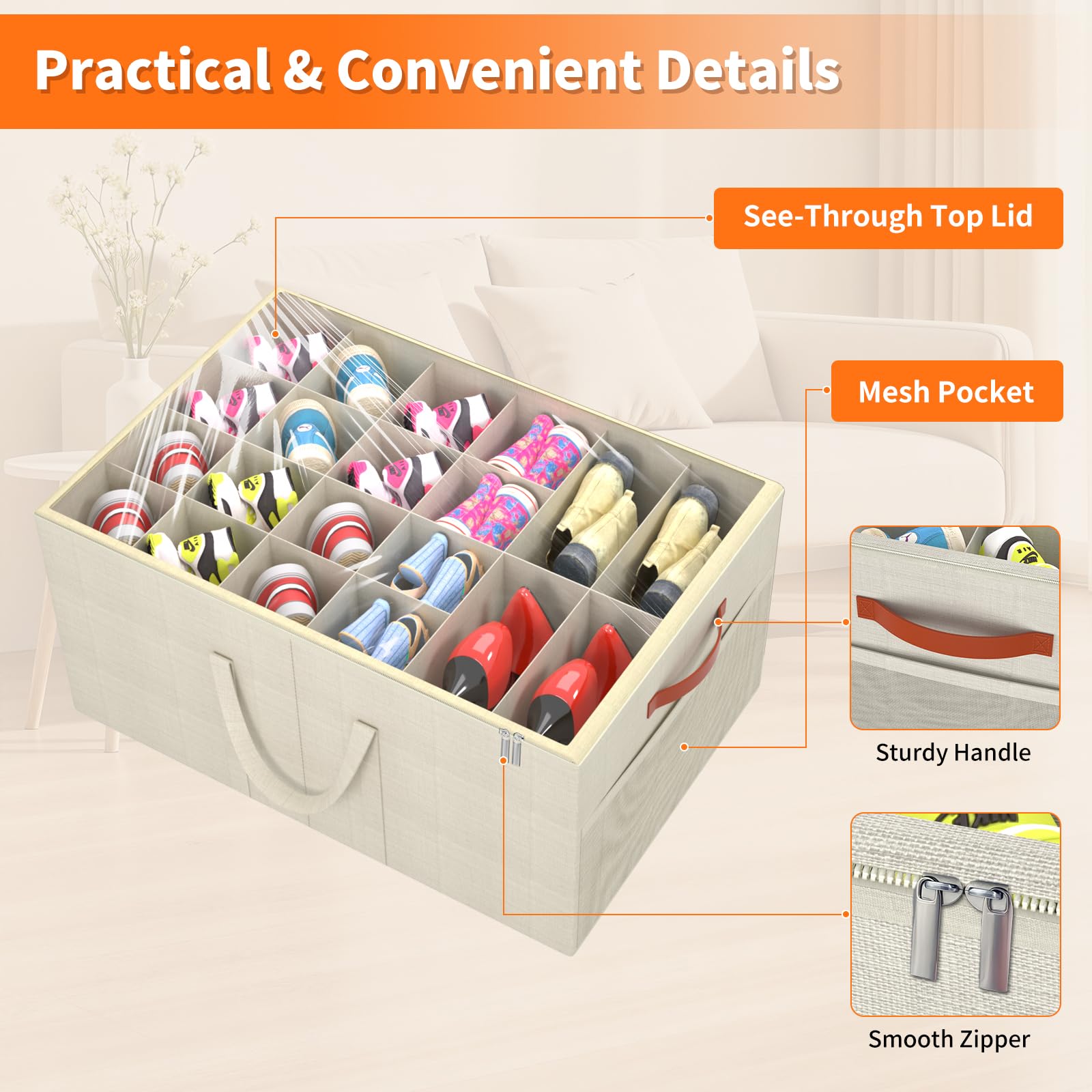 Aokeyee beige organizer with dustproof zipper protecting shoes