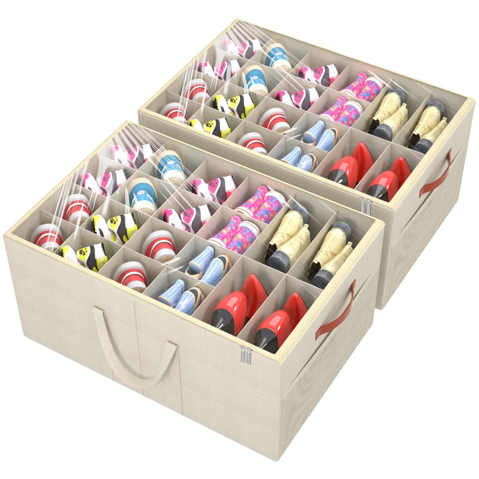 Aokeyee 2-pack beige shoe organizer front view showing vertical storage