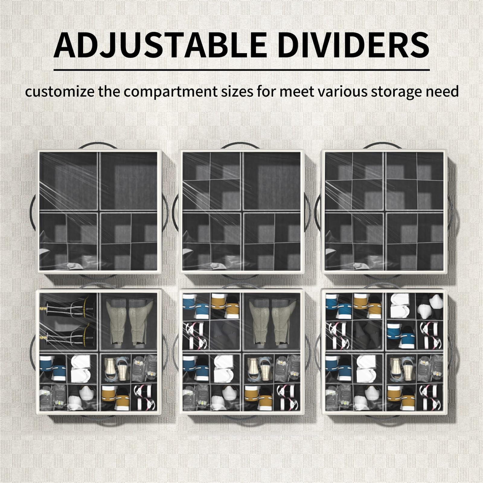 Aokeyee adjustable dividers customize compartments for sneakers, sandals, and boots.