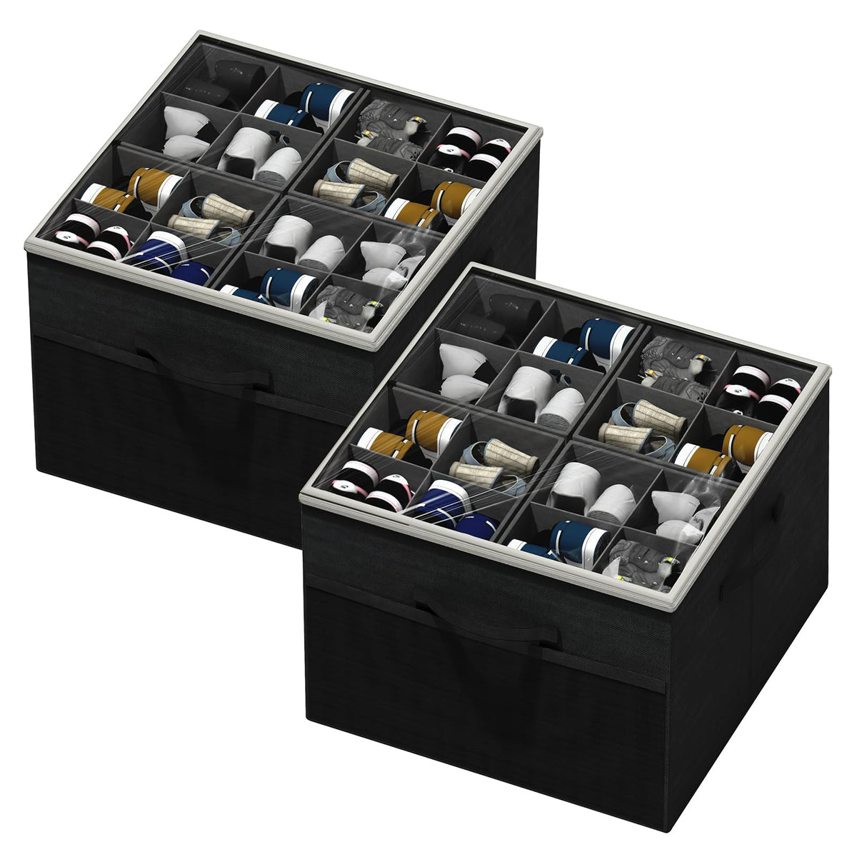 Aokeyee shoe organizer in closet folds flat to save space and protect shoes.