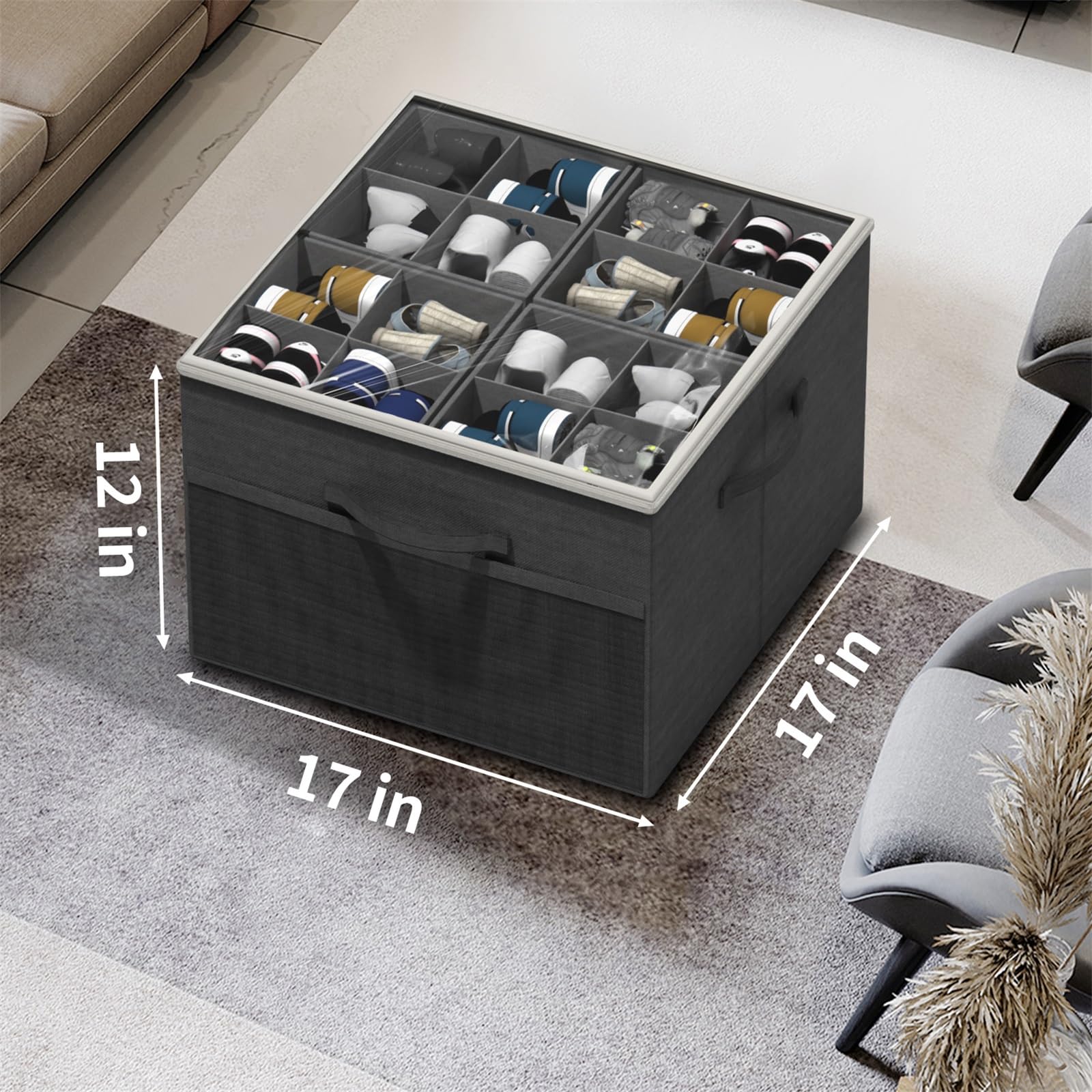 Aokeyee organizer measures 17x17x12.5 inches for versatile placement.
