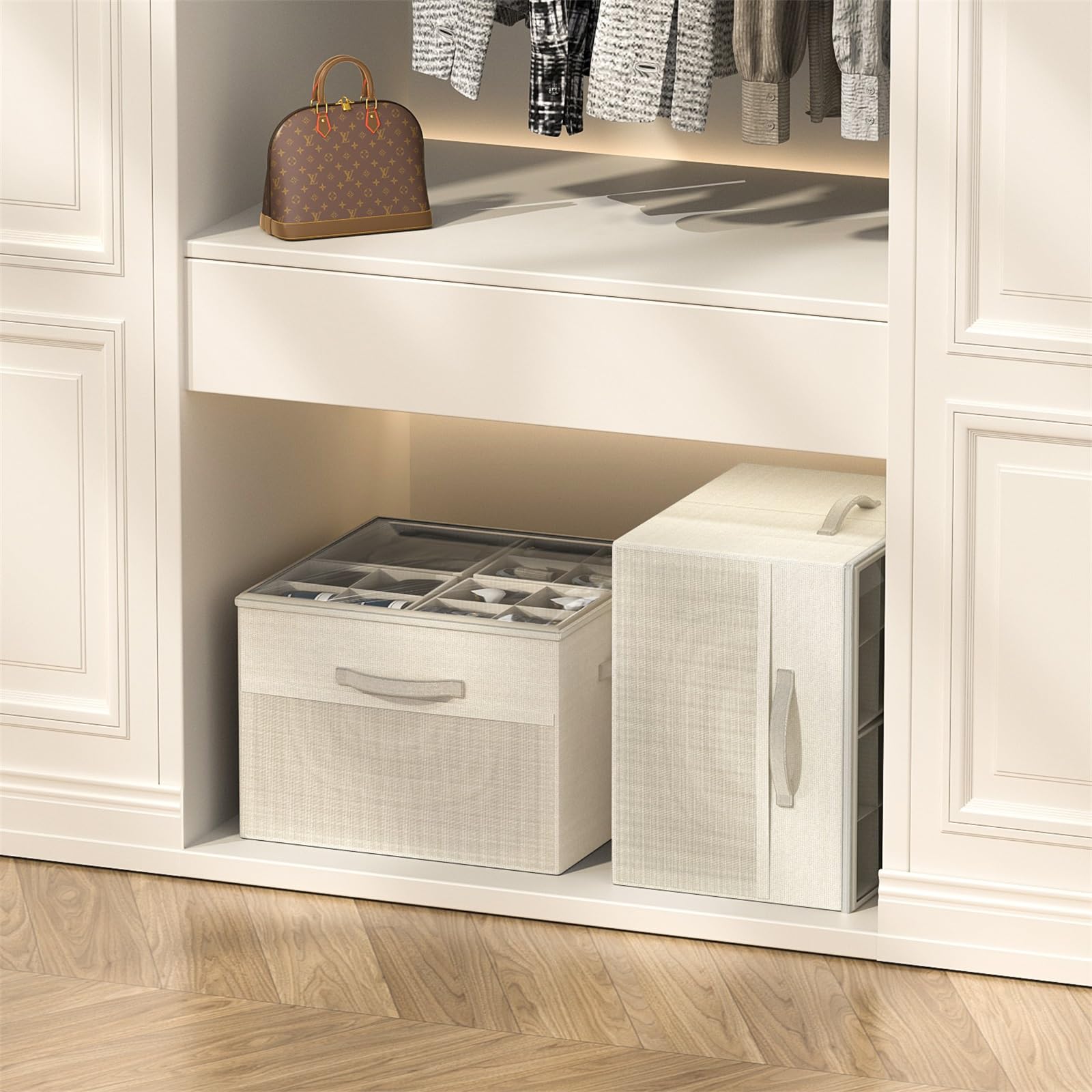 Aokeyee storage box measures 17 by 17 by 12.5 inches for bedroom closets.