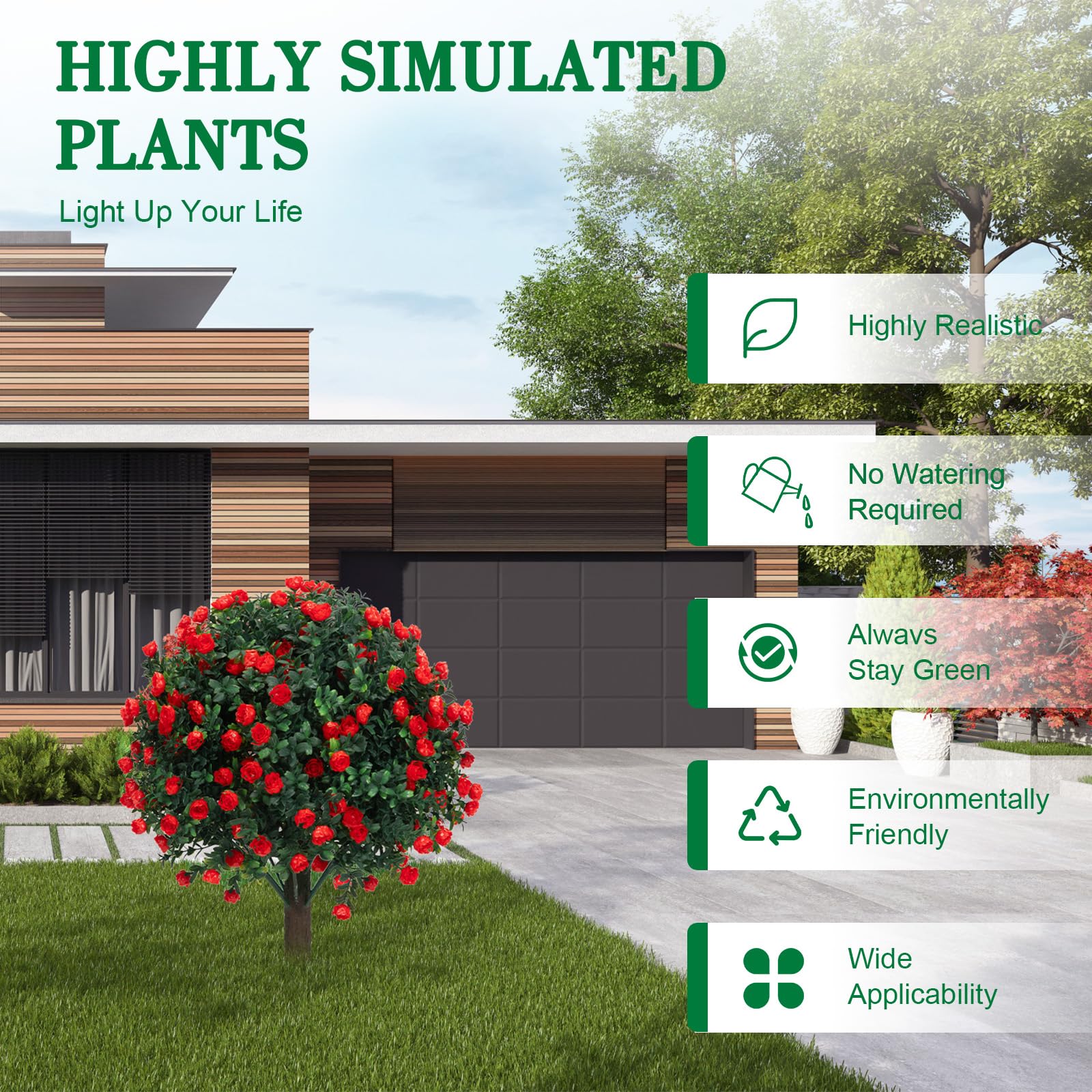 AOKIIE dense foliage and red flowers provide vibrant accents for entrances.