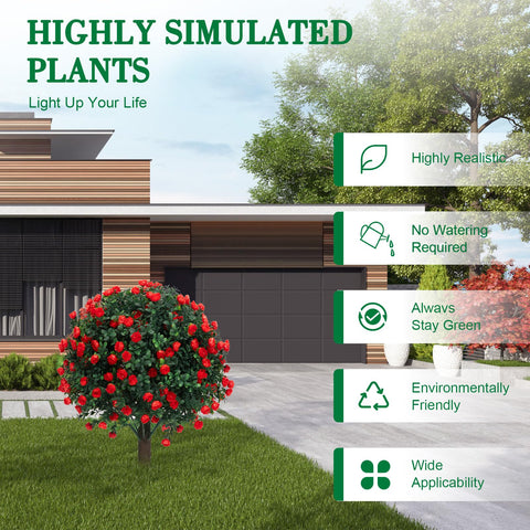 AOKIIE dense foliage and red flowers provide vibrant accents for entrances.
