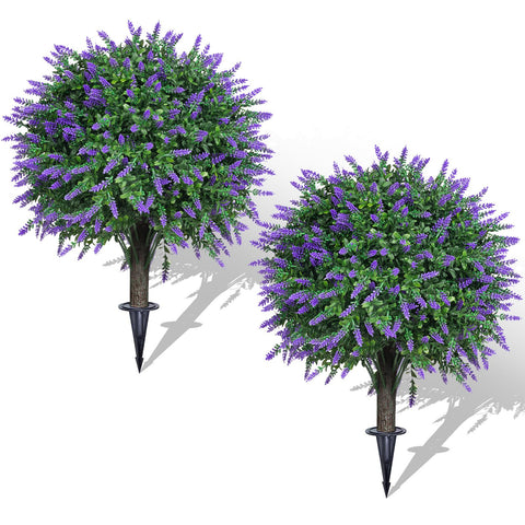 AOKIIE 22-inch artificial lavender boxwood topiary ball with ground spike for durable outdoor display.