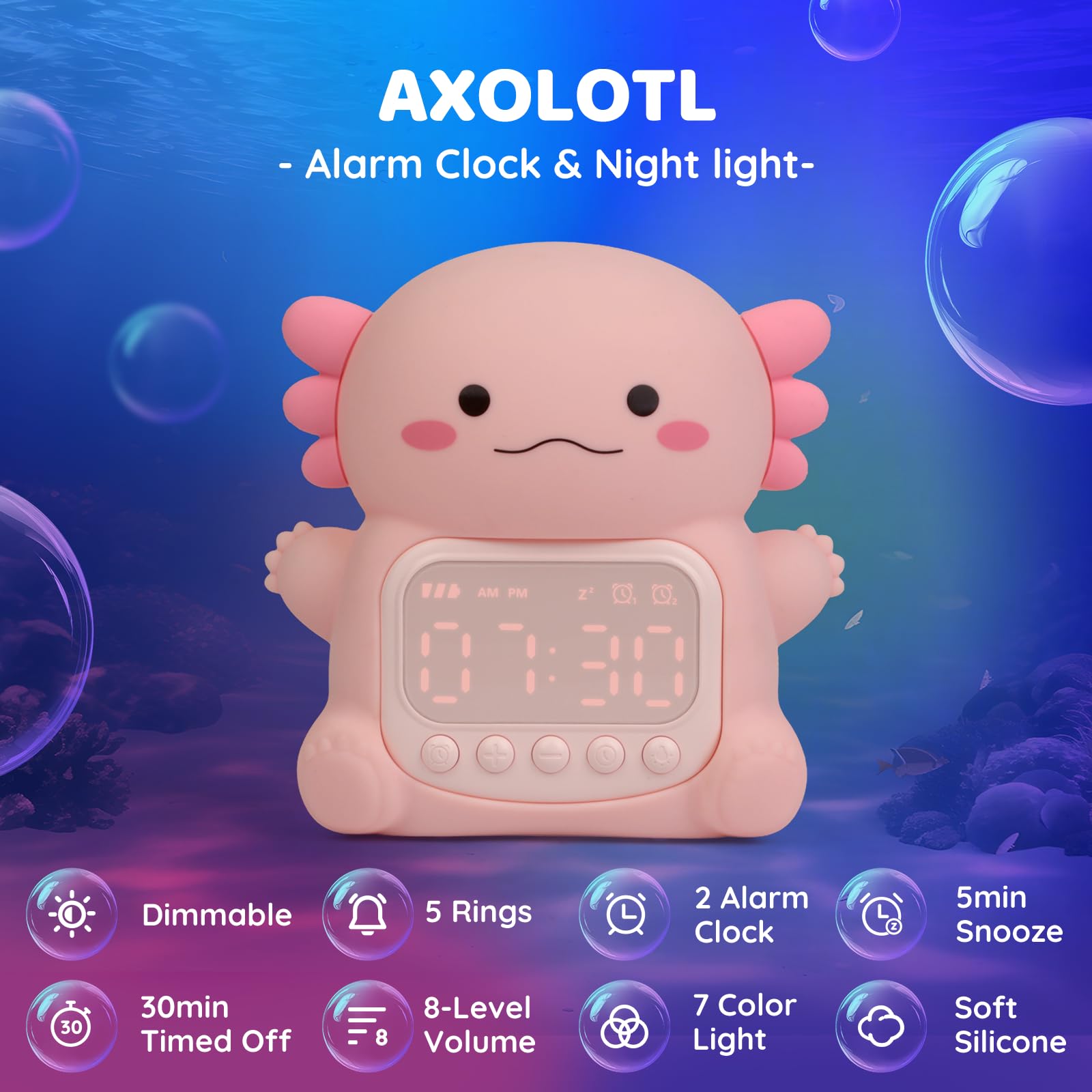 Aokpsrt Axolotl night light glow provides cozy bedtime illumination for children.
