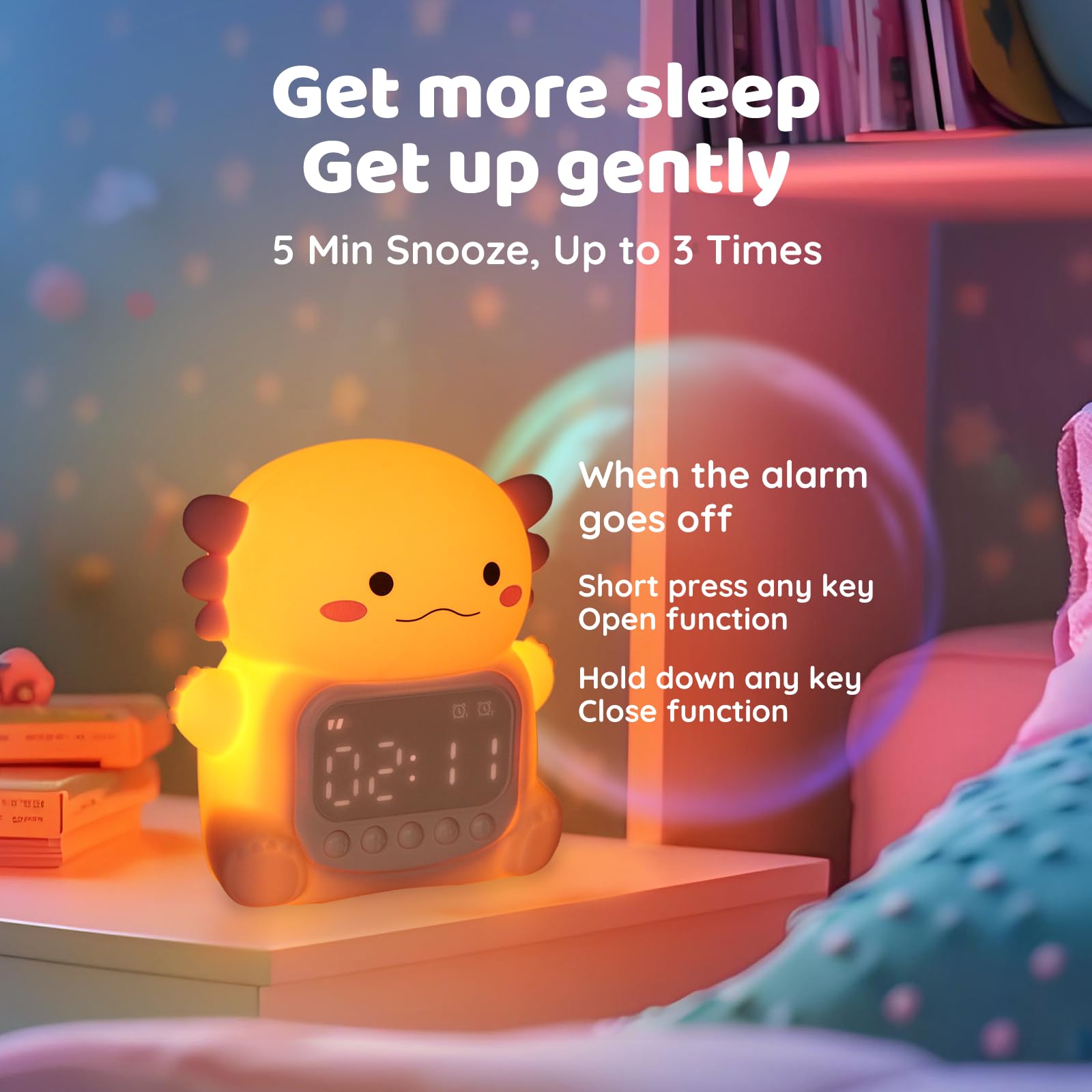 Aokpsrt Axolotl snooze button offers extra rest without rushing.