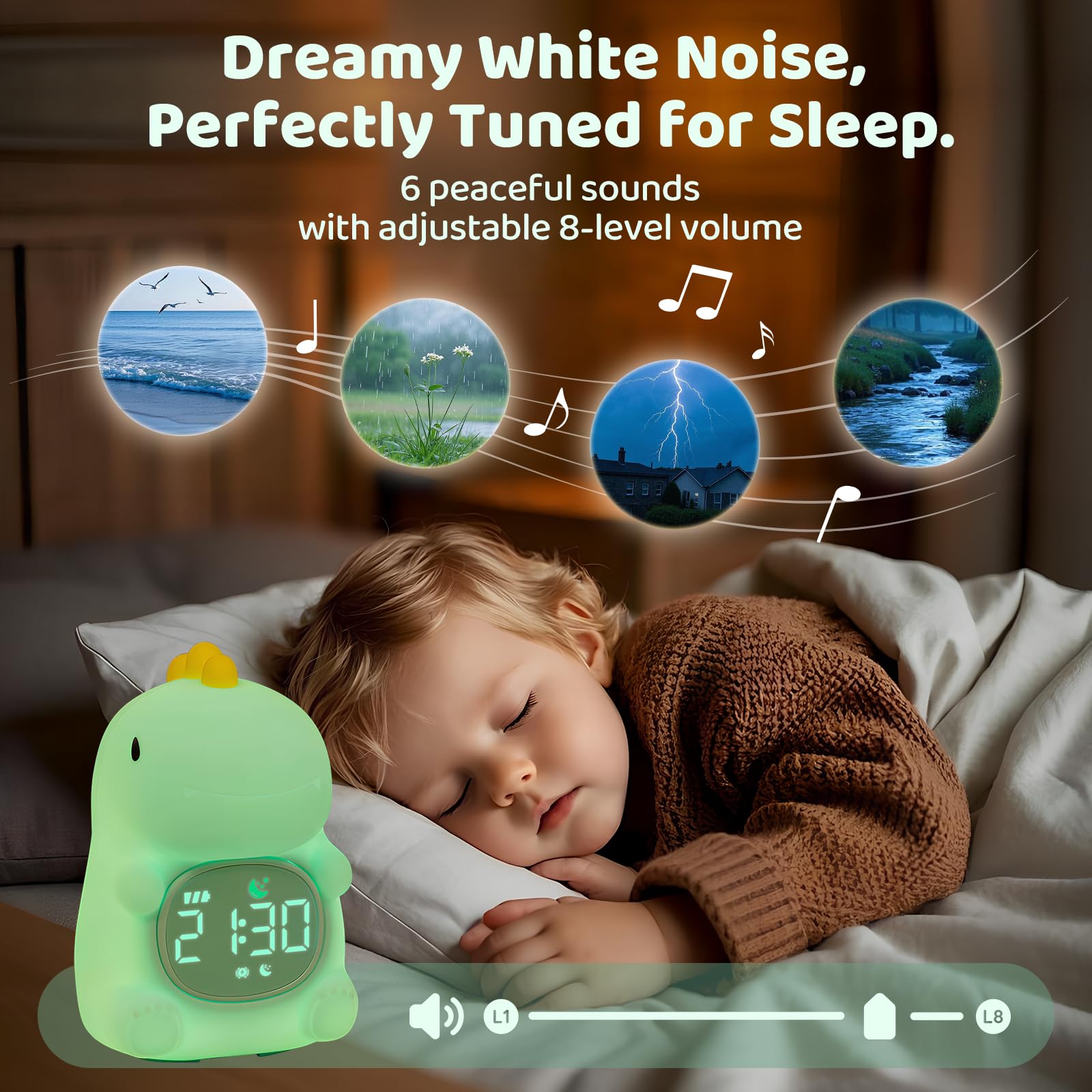 Aokpsrt dinosaurs alarm clock offers six white noise sounds for calm sleep