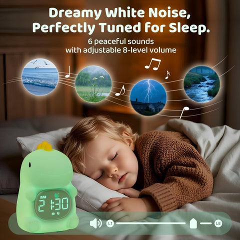 Aokpsrt dinosaurs alarm clock offers six white noise sounds for calm sleep