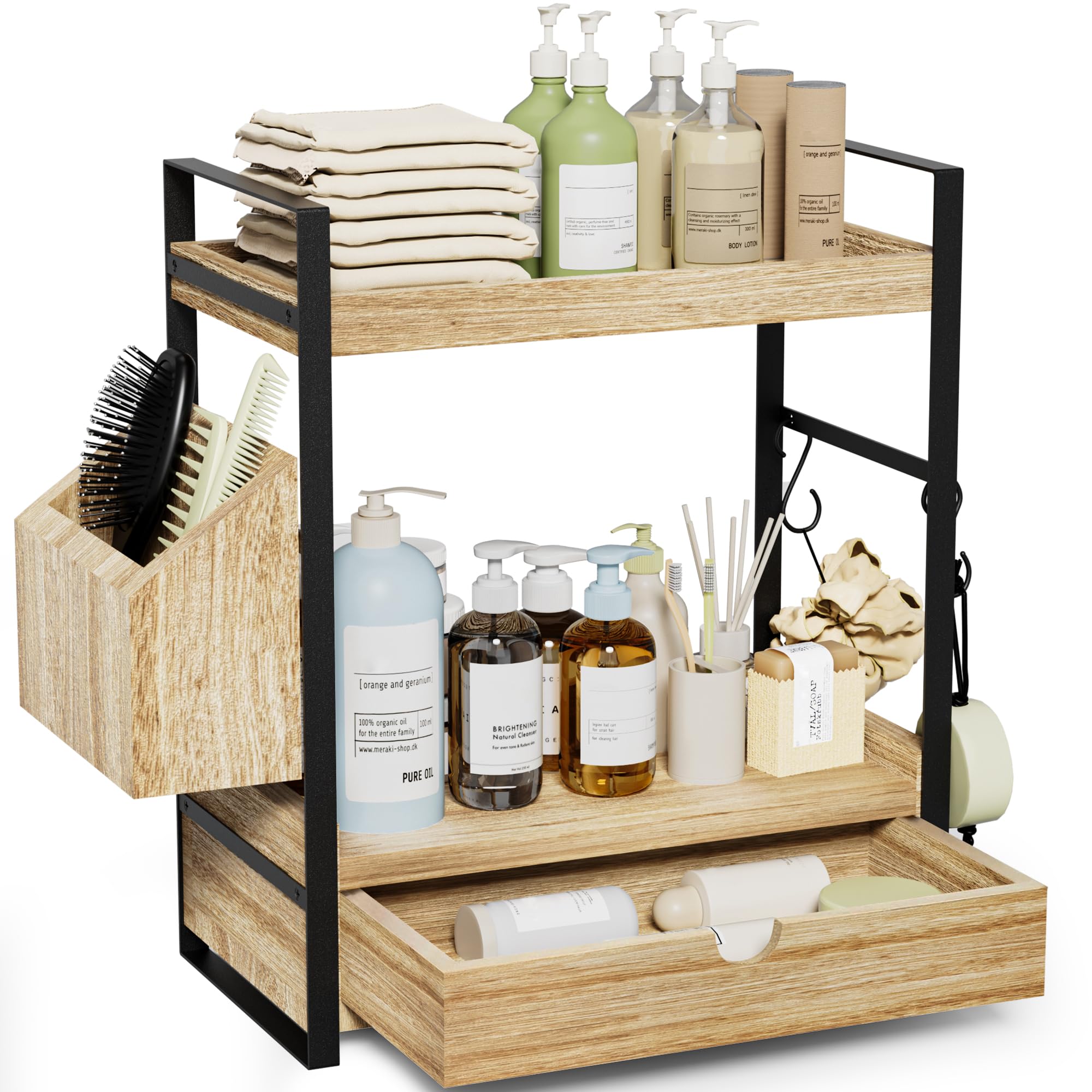 Aollewoiti 2-Tier bathroom counter organizer with drawer and basket keeps skincare organized and accessible.
