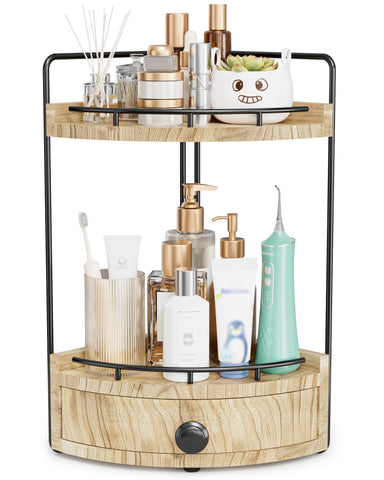 Aollewoiti 2-tier corner organizer in wood finish saves counter space and organizes essentials.