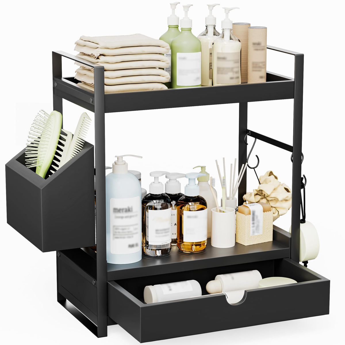 Aollewoiti 2-Tier bathroom organizer with drawers and basket for easy access to daily essentials